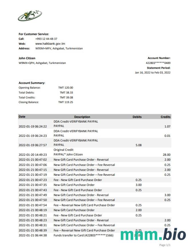 Turkmenistan HalkBank wyciąg bankowy szablon, słowo i Format PDF